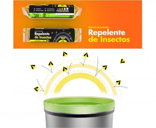                                                                 Repelente de insectos
        
        
        
        Medidas     Volumen     Galga    Autocierre    Unds/Rollo    Unds/Caja   Color
        
        
        55x60cm    30 litros        80          Si            15 bolsas       28 rollos    Verde