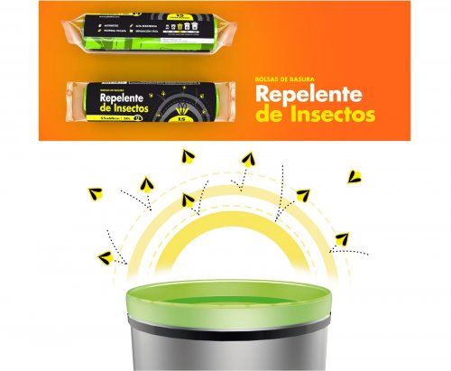                                                                 Repelente de insectos
        
        
        
        Medidas     Volumen     Galga    Autocierre    Unds/Rollo    Unds/Caja   Color
        
        
        55x60cm    30 litros        80          Si            15 bolsas       28 rollos    Verde