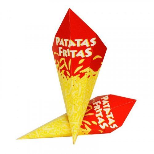 Conos ideal para palomitas de maíz, churros, patatas y otros fritos:
Cono Fritos impreso económico 160 x 120mm (1.600 uds)
Cono Fritos impreso económico 190 x 150mm (1.600 uds)
Petacas ideal para patatas fritas, aros de cebolla y otros snacks fritos:
Petaca impresa económica 140 x 55 x 135 (1.000 uds)
Petaca impresa económica 135 x 58 x 98 (1.000 uds)
 
 
 
 
 